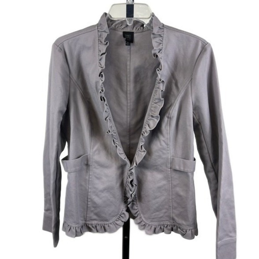Saks Fifth‎ Avenue Women's Size 12 Gray Ruffle Front Collarless Blazer Jacket